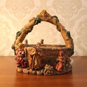 Vintage Nativity Christmas Basket Manger Scene Planter Resin Holiday Decor